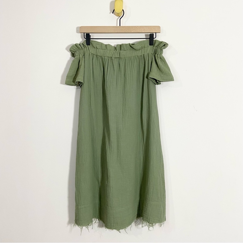 Amadi Anthropologie Moss Green Off the Shoulder Raw Hem Mini Dress NWT